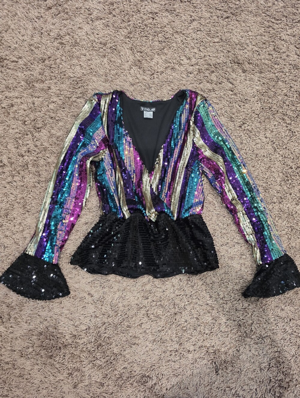 VENUS Multicolor Sequin Surplice Peplum Party Top XS